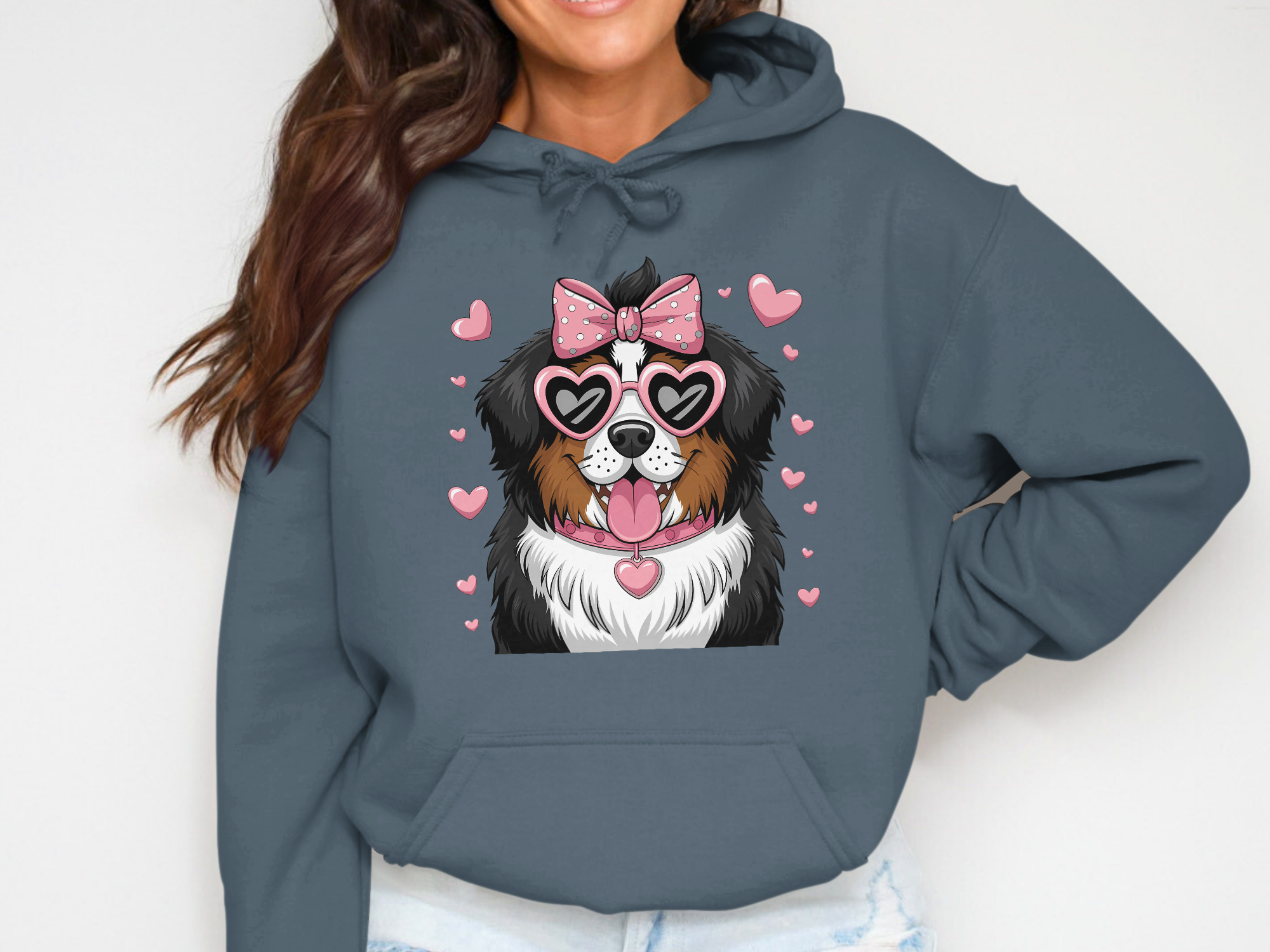 Holiday-Valentine's Day-Cute Fluffy Dog with Hearts and Sunglasses