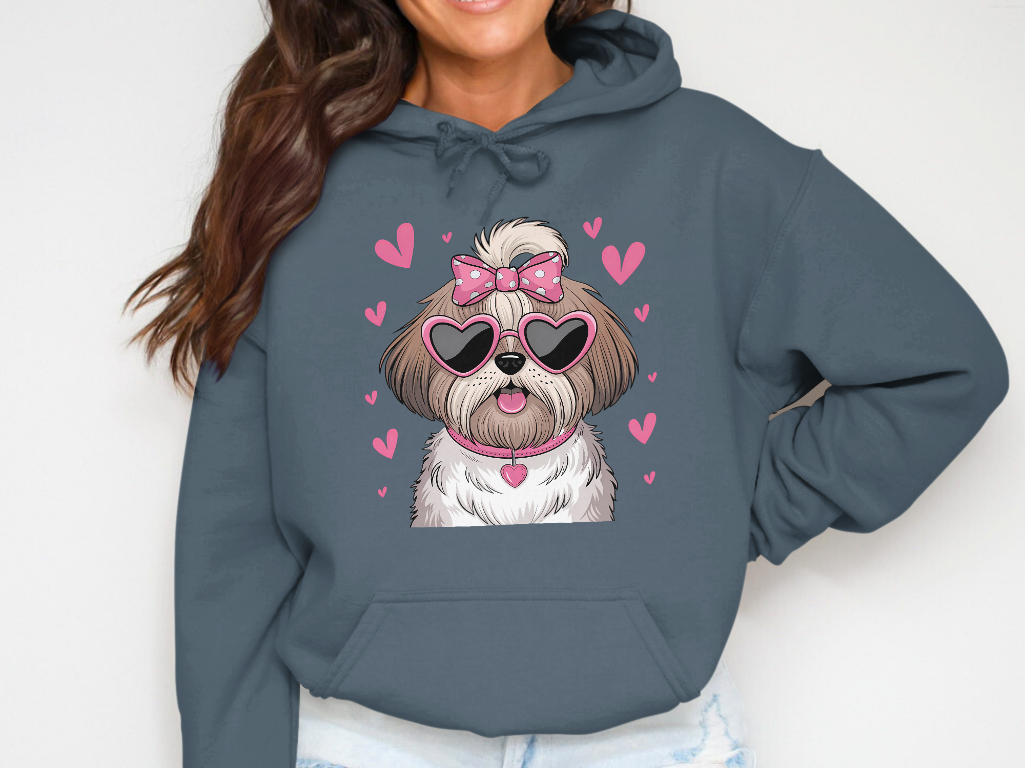 Holiday-Valentine's Day-Cute Fluffy Dog with Heart Glasses and Pink Hearts