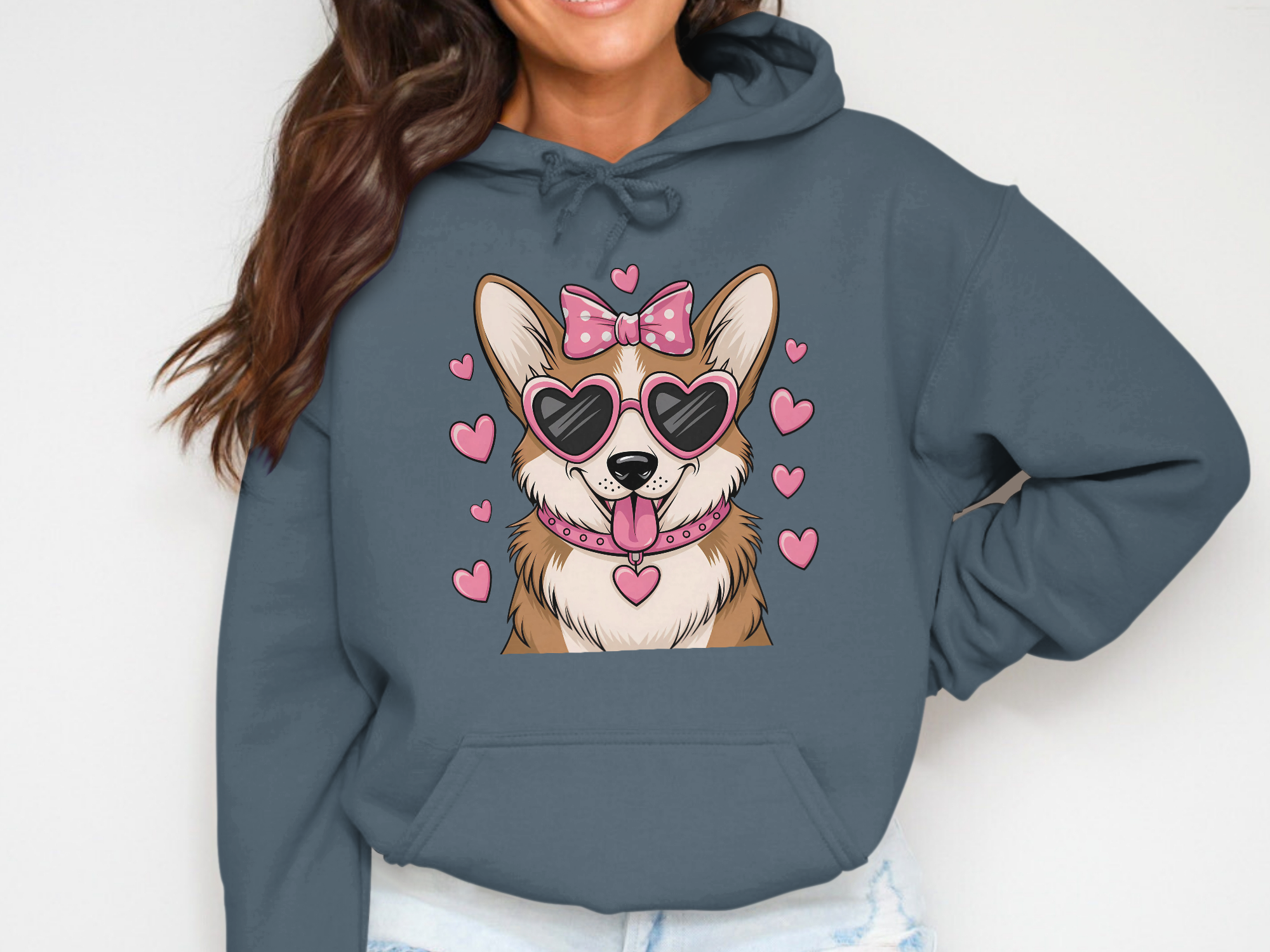 Holiday-Valentine's Day-Cute Corgi with Heart Sunglasses and Bow