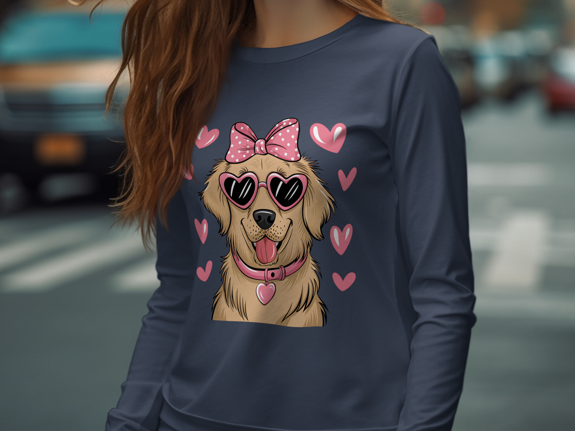 Holiday-Valentine's Day-Cute Brown Dog with Pink Bow and Hearts
