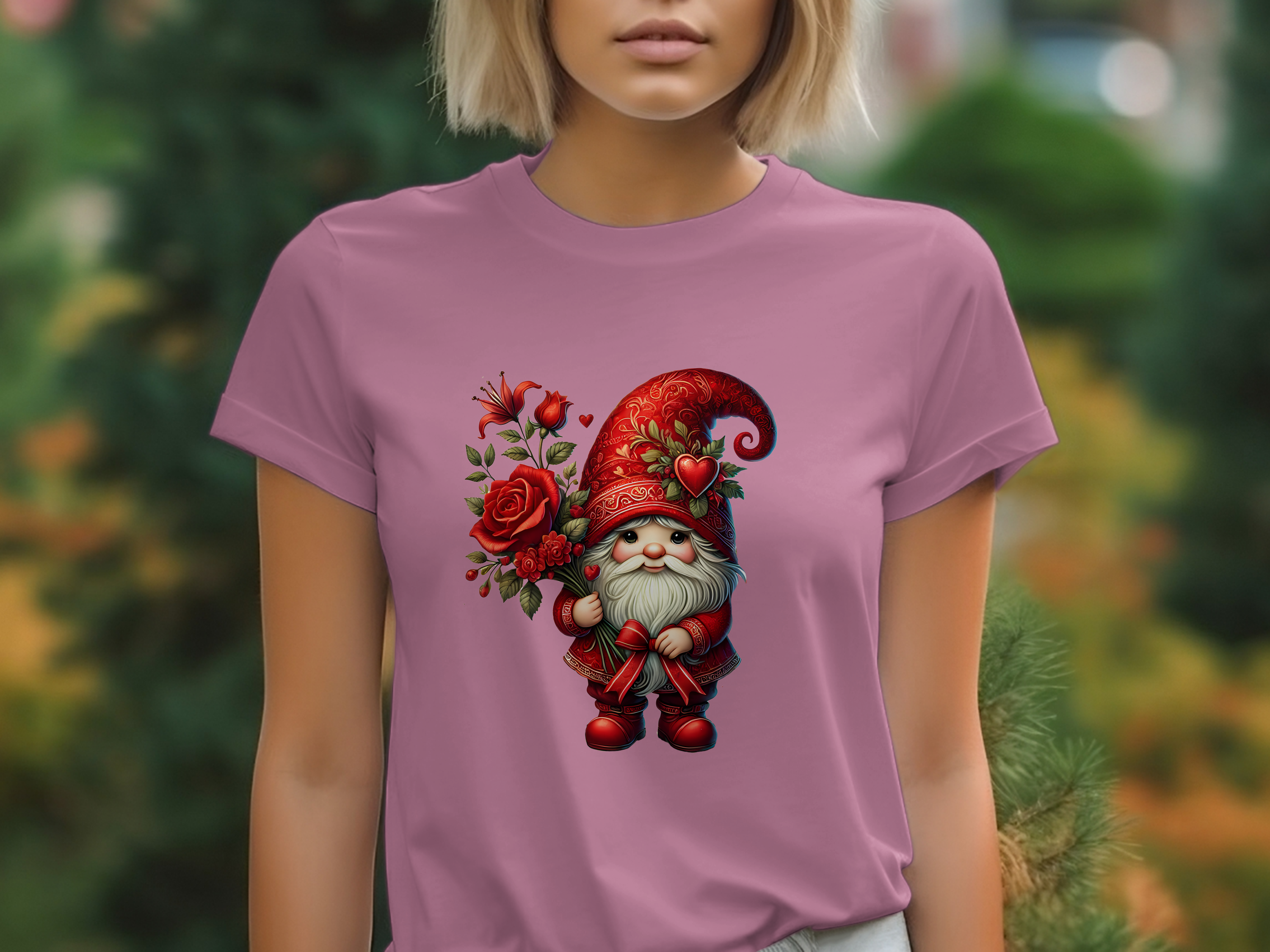 Holiday-Valentine's Day-Cute Gnome with Red Roses and Hearts