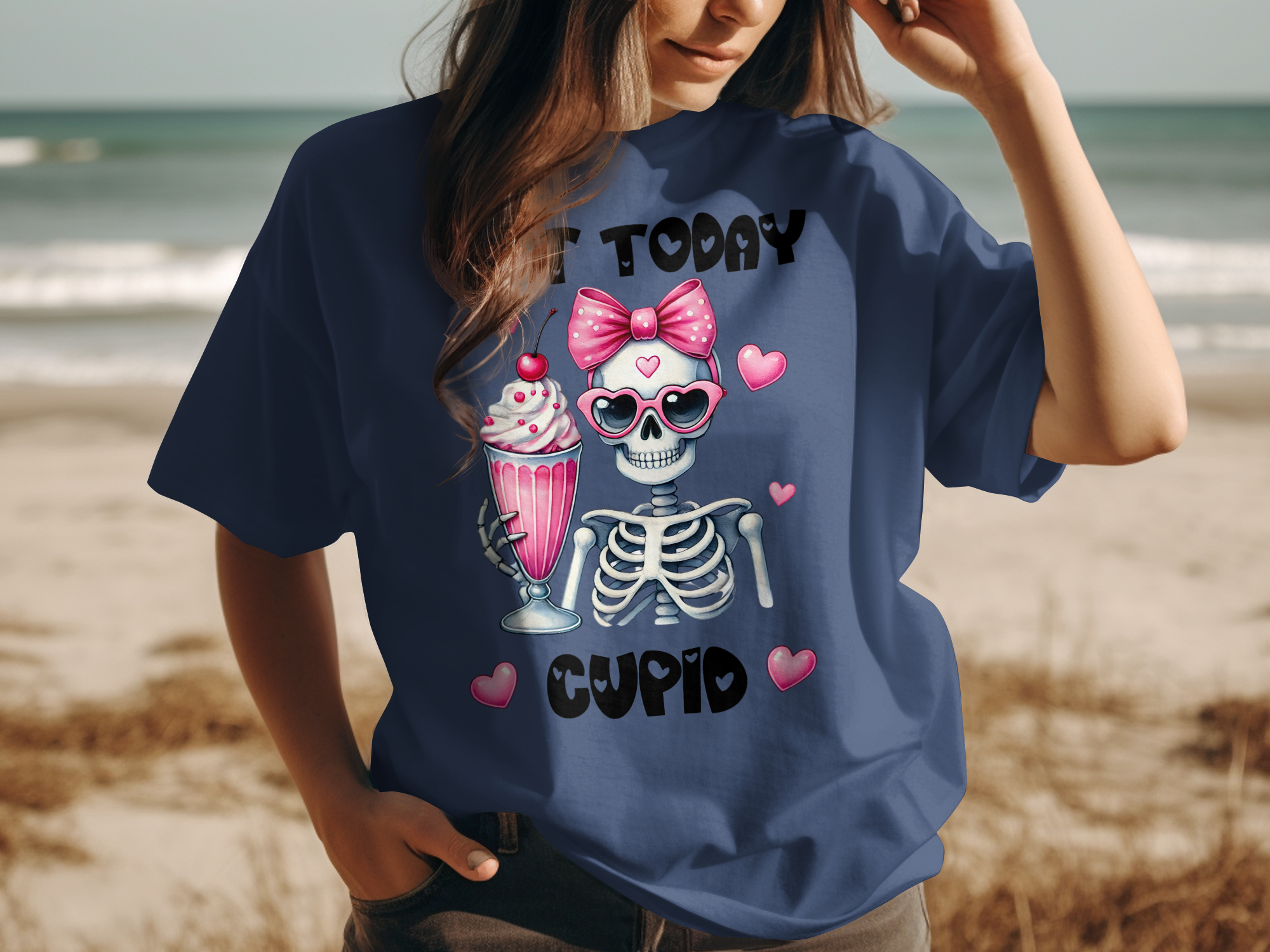 Holiday-Valentine's Day-Cute Skeleton With Milkshake, Not Today Cupid