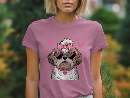 Holiday-Valentine's Day-Cute Fluffy Dog with Heart Glasses and Pink Hearts