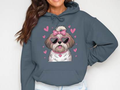 Holiday-Valentine's Day-Cute Fluffy Dog with Heart Glasses and Pink Hearts
