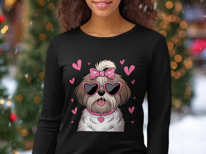 Holiday-Valentine's Day-Cute Fluffy Dog with Heart Glasses and Pink Hearts