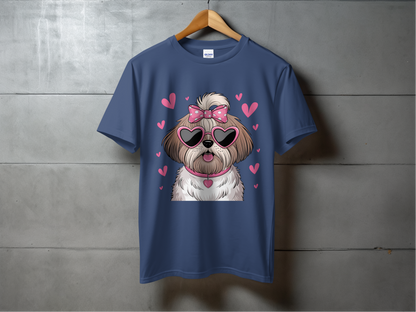 Holiday-Valentine's Day-Cute Fluffy Dog with Heart Glasses and Pink Hearts
